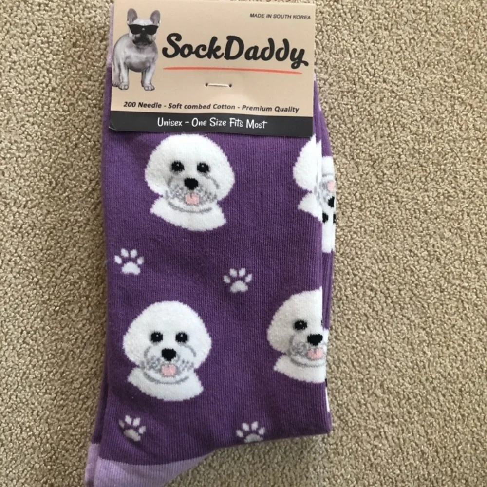 Sock Daddy NWT 2 pair Bichon Frise unisex socks purple and white